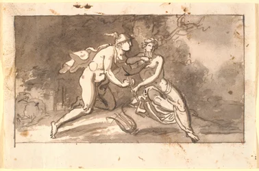 Hermes lehrt einen jungen Mann (Apollo?) Flöte zu spielen