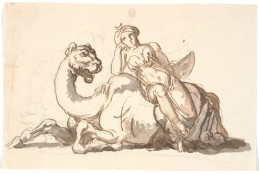 Frauenfigur mit Turban und Halbmond, sitzend an ein fantastisches Kamel gelehnt. Allegorie auf Asien