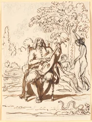 Milton, sitzend mit einer Laute, en face, im Hintergrund der Sündenfall