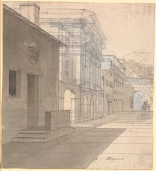 Perspektivische Studie zur Architektur im Bild der Hebamme, die das Haus der Androspigen verlässt