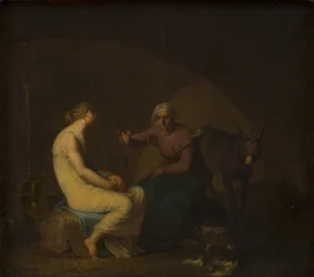 Die Haushälterin der Räuberbande tröstet das junge Mädchen, indem sie den Mythos von Amor und Psyche erzählt. Motiv aus Apulejus: Der goldene Esel