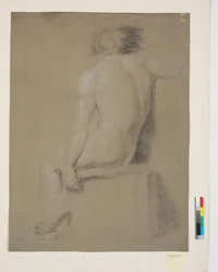 Sitzendes Modell auf hohem Sockel mit Kissen. Von hinten gesehen. Rechter Arm abgeschnitten. Linker Arm herabhängend. Beine gekreuzt