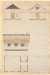 Schnittansicht und Plan eines Teehauses im Sorgenfri-Park