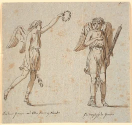 Zwei Genien, einer mit Ölzweig, der andere mit Fasces