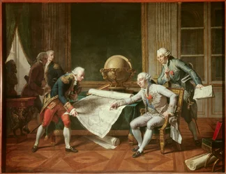 Der König von Frankreich Ludwig XVI. (1754-1793) gibt Anweisungen an Kapitän Jean-Francois Galaup, Graf von La Perouse