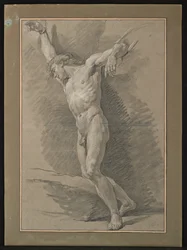 Akademie des nackten Mannes, die Arme mit Seilen gefesselt