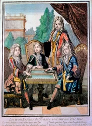 Die Enkel Ludwigs XIV. (1638-1715), Louis, Herzog von Burgund (gest. 1712), Philippe, Herzog von Anjou (1683-1746), und Charles, Herzog von Berry, mit ihrem Vater Louis (gest. 1711), Dauphin von Frankreich, beim Tric Trac (Trictrac oder Tric Trac: