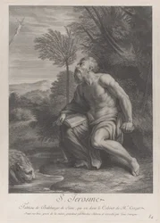 Heiliger Hieronymus sitzt unter einem Baum und schaut auf ein Kruzifix, ein Löwe trinkt Wasser aus einem Bach..., 1728