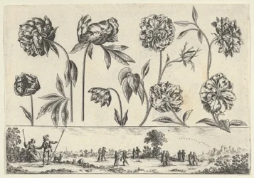 Horizontales Paneel mit einer Reihe von Blumen über einem Fries mit Figuren in einer Landschaft