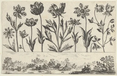 Horizontales Paneel mit einer Reihe von Blumen über einem Fries mit Figuren in einer Landschaft, 1645