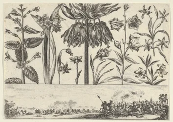 Horizontales Paneel mit einer Reihe von Blumen über einem Fries mit einer Kampfszene in einer Landschaft, 1645