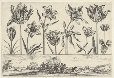 Horizontales Paneel mit einer Reihe von Blumen über einem Fries mit einer Kampfszene in einer Landschaft