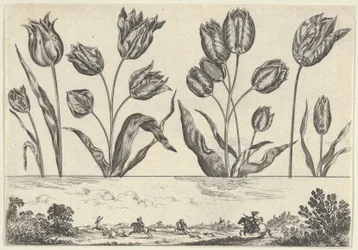 Horizontales Paneel mit einer Reihe von Blumen über einem Fries mit einer Jagdszene in einer Landschaft, 1645