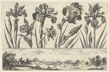 Horizontales Paneel mit einer Reihe von Blumen über einem Fries mit einer Jagdszene in einer Landschaft, 1645