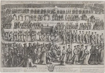 Die Prozession des Sarges der Heiligen Genoveva, mit Klerikern und Laien in sechs Reihen marschierend, 1652