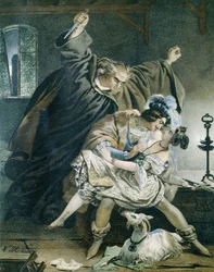 Esmeralda, Phoebus und Claude Frollo (Notre-Dame de Paris) von Victor Hugo. Illustration von Nicolas Eustache Maurin 1799-1850, Privatsammlung