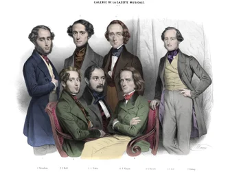 Galerie de la Gazette musicale N. 2. Berühmtheiten von 1842: Frederic Chopin, Franz Liszt, Jacob Rosenhain, Edouard Wolff, Sigismund Thalberg, Adolf von Henselt, Theodor Dohler. Gravur von Nicolas