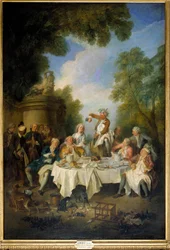Die Schinkenszene: Mittagessen eines Landbanketts um einen Schinken in der Noblesse. Gemälde von Nicolas Lancret (1690-1743) 1735. Chantilly, Museum Conde