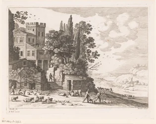 Landschaft mit Haus, Figuren und Vieh