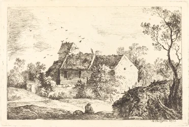 Haus mit Taubenschlag in einer hügeligen Landschaft