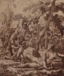 Eine bewaldete Landschaft mit einem Flussgott und Putti
