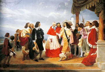 Kardinal Richelieu stellt Poussin Louis XIII. im Jahr 1640 vor, Detail aus einem Gemälde von 1832 von Jean Alaux (1786-1864), Frankreich