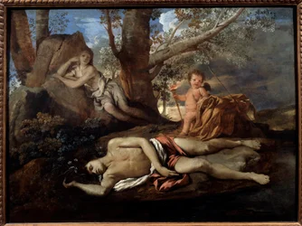 Echo und Narziss, Illustration der Legende, die Ovid zu „Die Metamorphosen“ inspirierte, 17. Jahrhundert, 0,74 x 1 m, Paris (1594-1665)