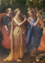 Hymenaios verkleidet als Frau während eines Opfers an Priapus, Detail der Musiker, c.1634-38