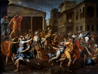 Die Entführung der Sabinerinnen durch die Römer. Romulus beobachtet die Szene links. Gemälde von Nicolas Poussin