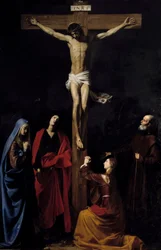 Christus am Kreuz, die Jungfrau, die Magdalena, der heilige Johannes und der heilige Vinzenz von Paul. Inschrift „INRI“ auf dem Kreuz