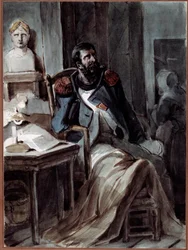 Der alte Grognard. Ein ehemaliges Mitglied der Garde Napoleons I. (1769-1821), gebrechlich neben einer Büste des Kaisers. Zeichnung von Nicolas Toussaint Charlet (1792-1845), 5/05/1820. Rueil-Malmaison, Musée national des châteaux de Malmaison et