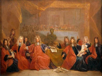Der Schultheiß der Kaufleute und die Ratsherren der Stadt Paris beraten über das Angebot eines Festes für Ludwig XIV.
