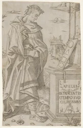 Apelles im Profil, der auf eine Tafel mit geometrischen Figuren schaut