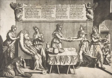 Die ehrwürdige Faulheit, Königin des Schlaraffenlandes, eine dicke Frau, die auf einem beweglichen Toilettenstuhl sitzt und ..., 1565