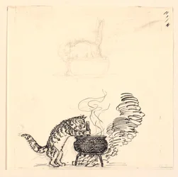 Illustration zu "Die dicke Katze" sowie Skizze