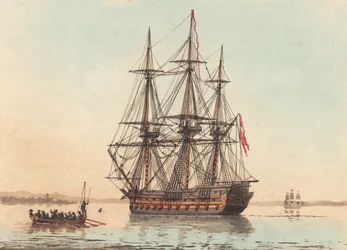 Ein dänisches Kriegsschiff vor Anker an einem stillen Morgen