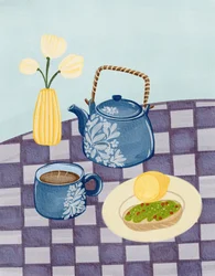 Blauer Teekannen-Frühstück