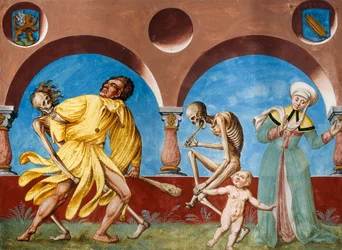 Tod, Idiot und Mutter mit Kind aus dem Totentanz-Zyklus von Albrecht Kauw