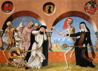 Der Tod, Mönche und Äbtissin aus dem Totentanzzyklus von Albrecht Kauw