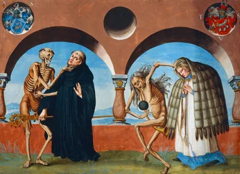 Tod, der Abt und der Kanoniker (der Assistent des Abtes) aus dem Totentanz-Zyklus von Albrecht Kauw