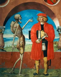 Tod mit Jurist, Detail von Tod, Ritter und Jurist aus dem Totentanz-Zyklus von Albrecht Kauw