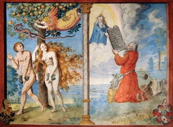 Vertreibung von Adam und Eva aus dem Paradies und Moses empfängt die Tafeln, aus dem Totentanzzyklus von Albrecht Kauw