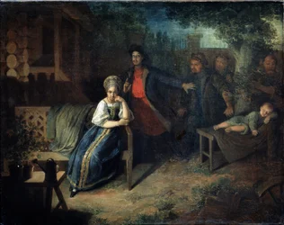 Der Räuber Jegor Baschlyk entführt die Frau des Kaufmanns Grunya. Gemälde von Nikolai Michailowitsch Alexejew (1813-1880). Öl auf Leinwand, 77,7 x 99,2 cm