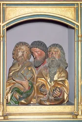 Holzschnitzereien der Heiligen Paulus, Matthäus und Thomas, von der Predella des Isenheimer Altars, ca. 1490