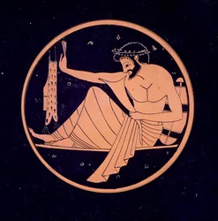 GR.1-1927 Attisch rotfiguriger Becher, der einen Bankettteilnehmer mit Trinkhorn zeigt, 520-510 v. Chr. (Ton)