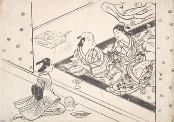 Dame spielt Shamisen, mit ihrem Liebhaber und Diener in der Nähe