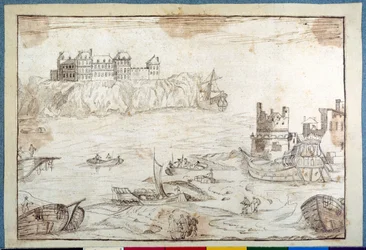 Eine Burg auf Klippen, mit Studien von Galeonen und Fischerbooten