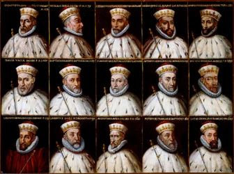 Wappen der Republik Genua und Porträts der Dogen. Gio. Battista Gentile Pignolo, Nicolò Doria, Gerolamo De Franchi Toso, Gerolamo Chiavari, Ambrogio Di Negro, Davide Vacca (oder Vaccari), Battista Negrone, Gio Giustiniani Campi, Antonio Grimal