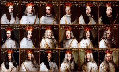 Wappen der Republik Genua und Porträts der Dogen. Giovanni Battista Cattaneo, Francesco Invrea, Negrone Bendinelli, Francesco Maria Sauli, Girolamo De Mari, Federico De Franchi, Antonio Cebà Grimaldi, Onorato Stefano Ferreti, Domenico De Ma