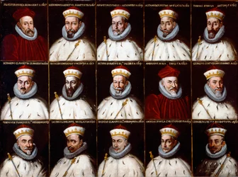 Wappen der Republik Genua und Porträts der Dogen. Silvestro Invrea, Gerolamo Assereto, Agostino Pinello Luciani, Alessandro Giustiniani Longo, Tomaso Spinola, Clavarezza Bernardo, Giovanni Giacomo Imperiale (Tartaro), Pietro Durazzo, Ambrogio